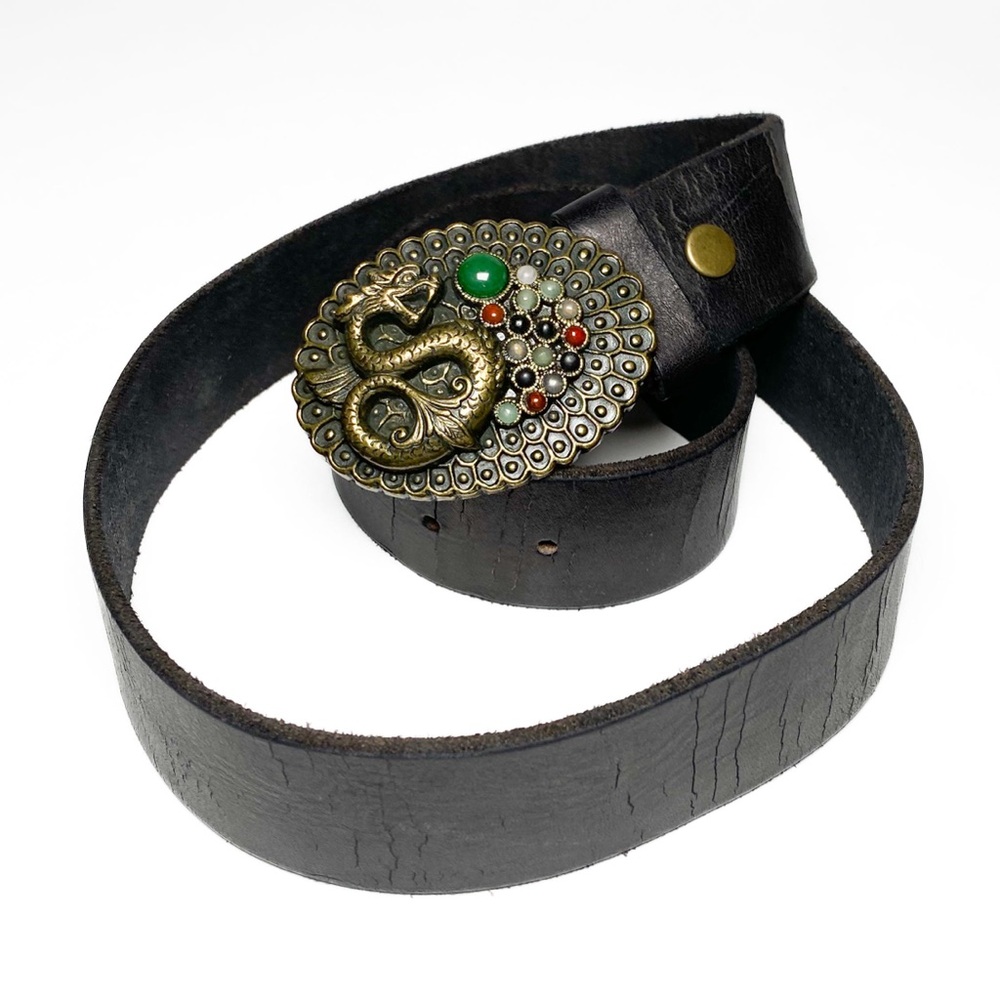 Lucky Brand rustic brown leather belt with dragon belt buckle